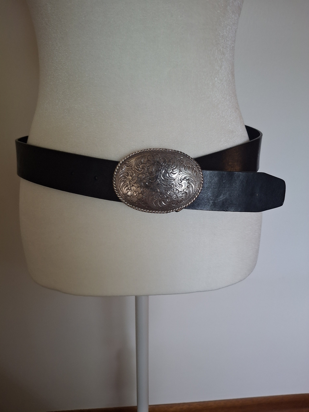 Black Leather Belt with Ornate Silver Buckle